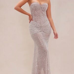Fashion Nova Glittering Silver Strapless Dress